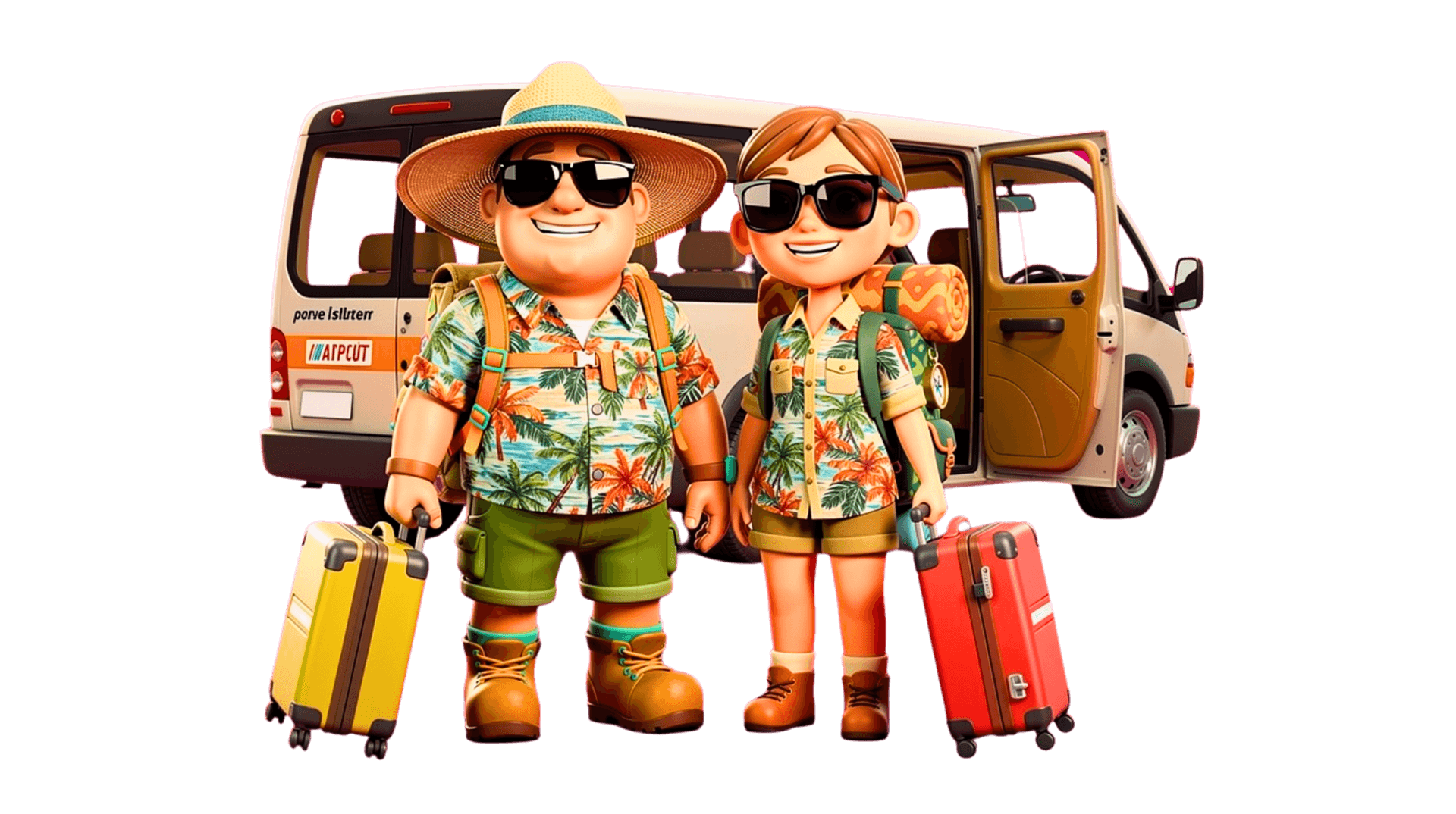 Explorer couple boarding an airport shuttle van with luggage