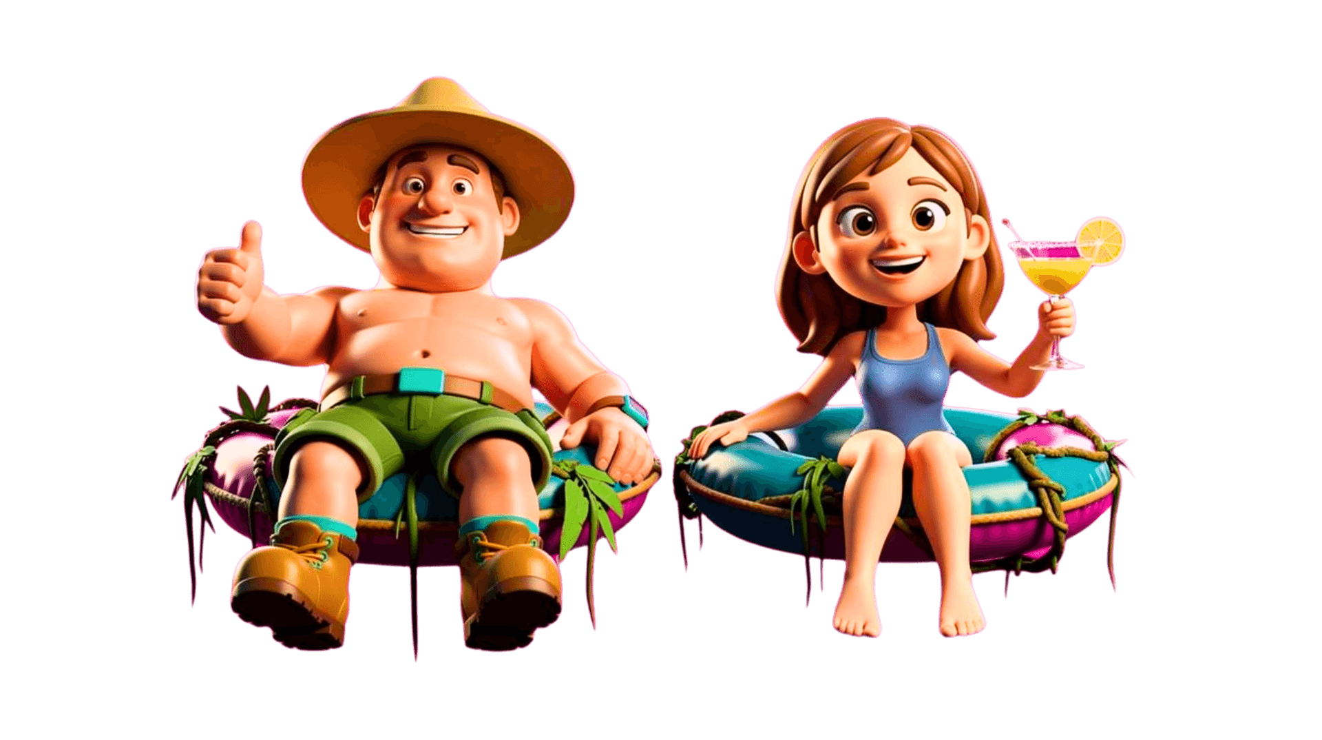 Explorer couple floating on inner tubes down a jungle cenote river