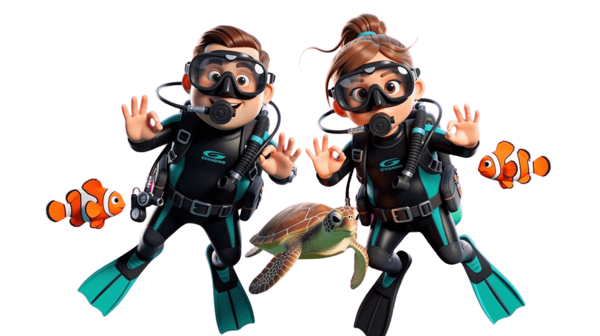 Explorer couple scuba diving with a sea turtle and clownfish
