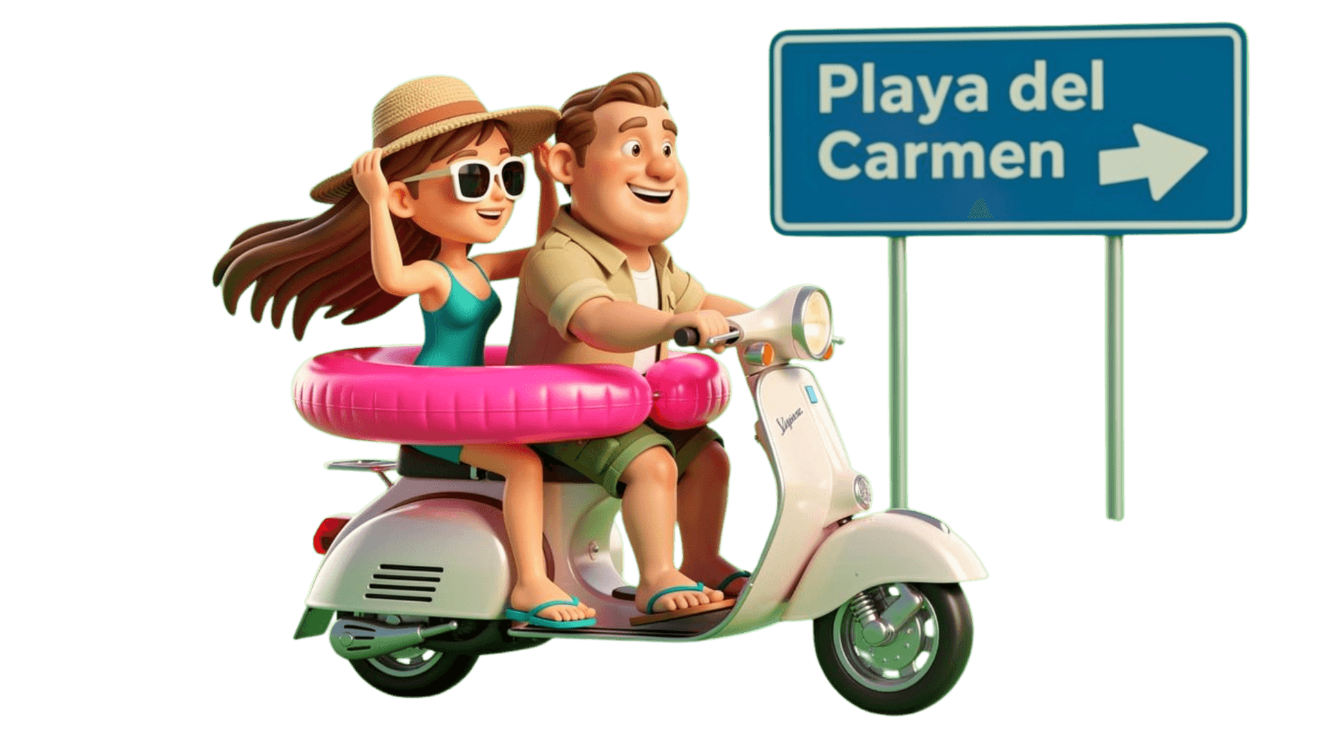 Explorer couple riding a scooter past a Playa del Carmen road sign