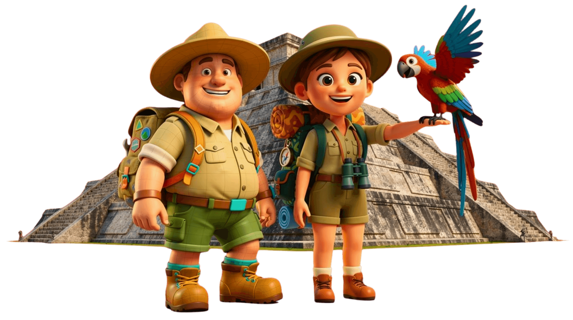 Explorer couple in front of Chichén Itzá pyramid with a parrot